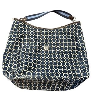 Tommy Hilfiger Woman’s Shoulder Bag Navy & White Geometric w Striped Strap EUC